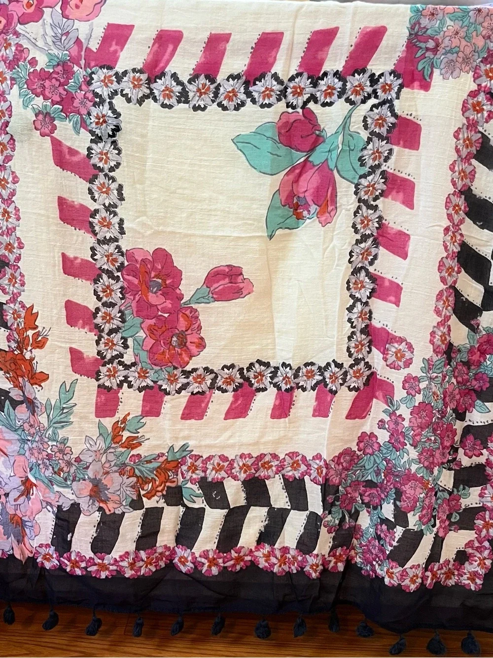 White Pink Navy Scarf with Navy Tassle Trim